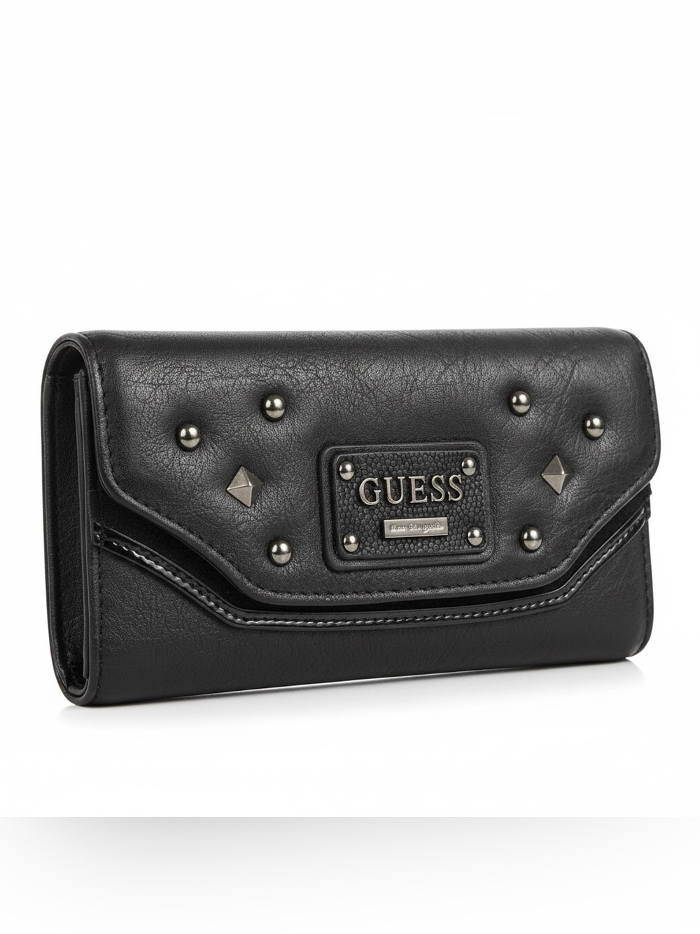 Vintage GUESS Black Studded Logo Flap Checkbook Wallet Y2K